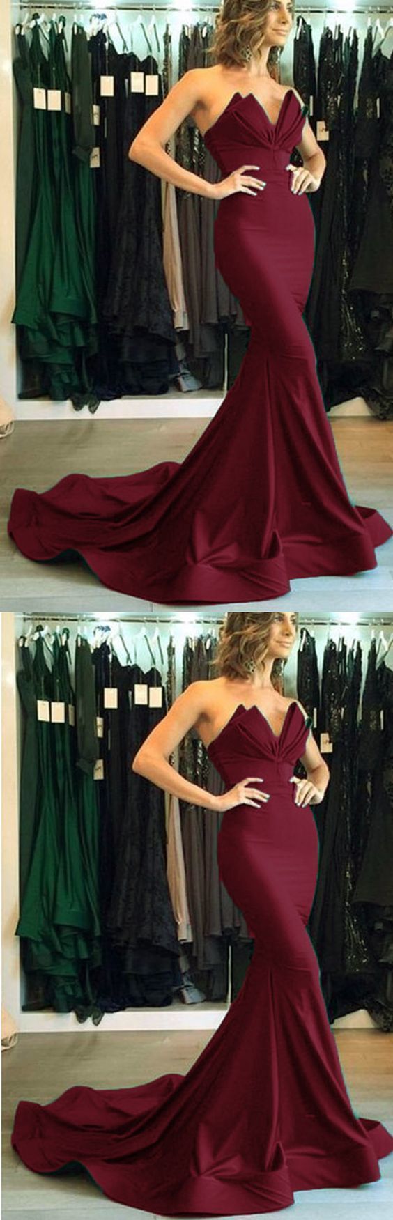 Elegant Strapless Burgundy Prom Dresses Mermaid Evening Dresses Long Women Satin Formal Gowns HZ1023