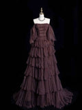 A Line Off The Shoulder Beads Tulle Long Prom Dress Evening Dress HZ1023