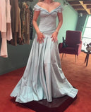 Retro Style A Line Off the Shoulder Blue Satin Long Party Dress Prom Dress HZ1023