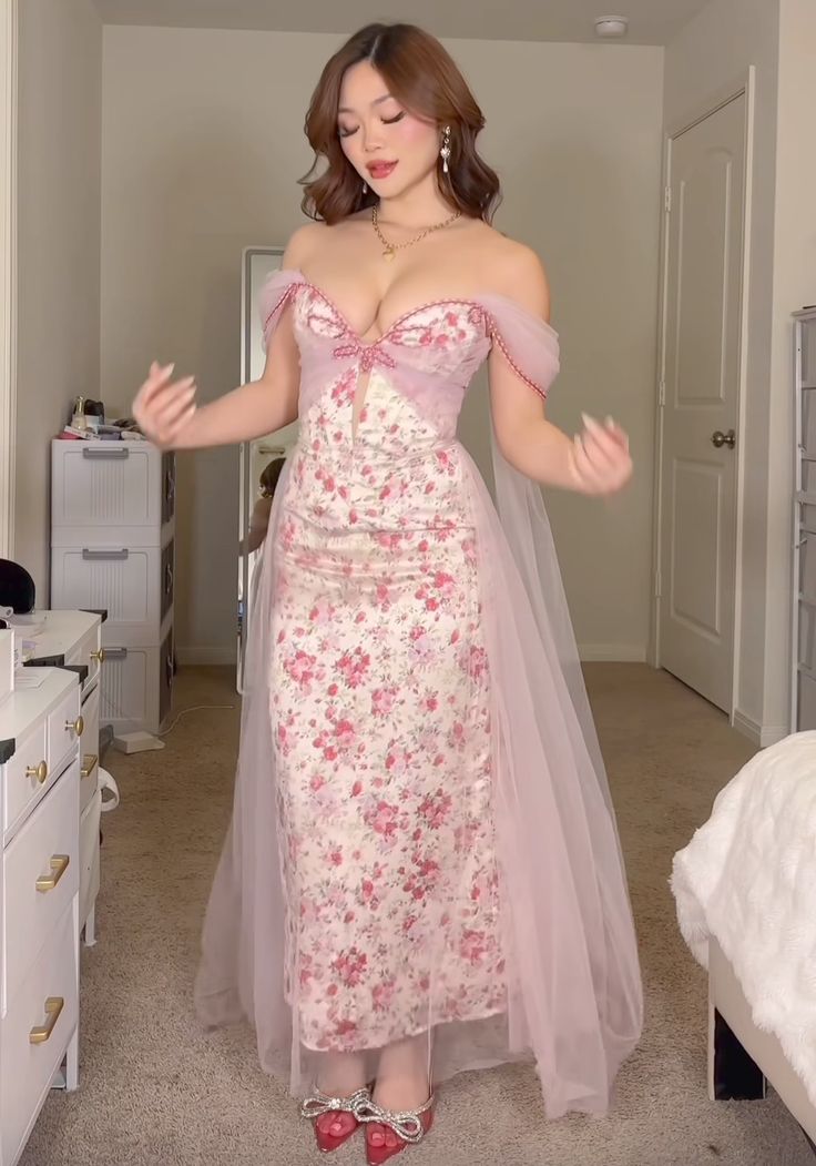 Pink Flowy Print Floral A Line Off the Shoulder Satin Tulle Party Dress Prom Dress HZ1023