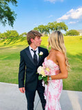 Pink Mermaid Strapless Print Floral Evening Dress Prom Dress Party Dress HZ1023