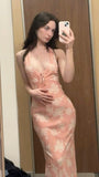 Pink Sheath Halter Print Floral Chiffon Long Prom Dress Vacation Dress HZ1023