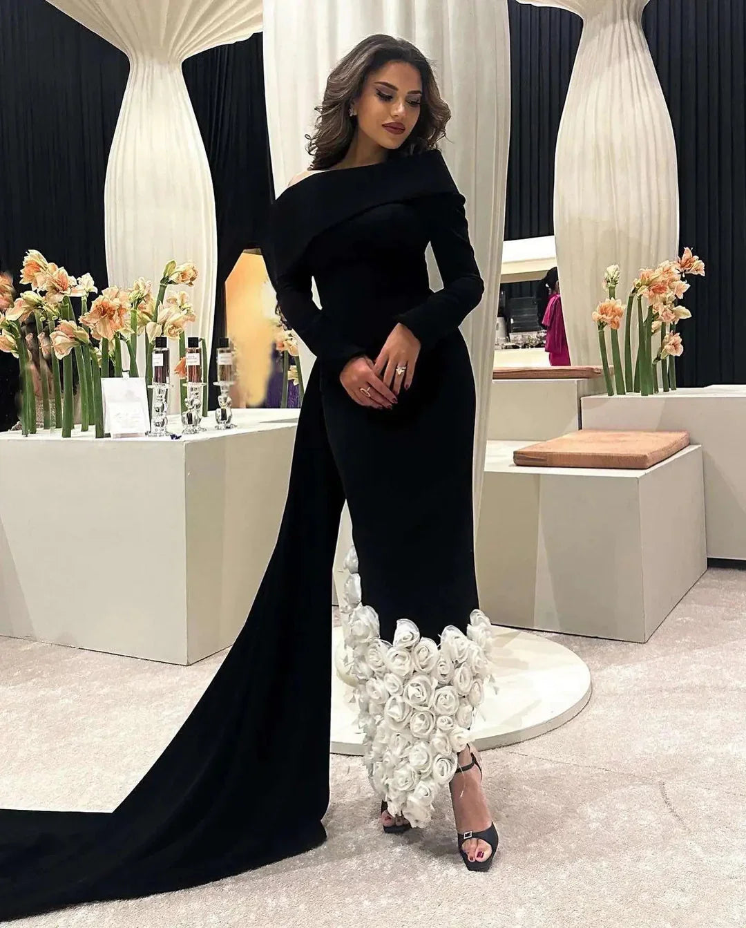 Elegant Sheath Long Sleeve 3D Floral Satin Long Prom Dress Evening Dress HZ1023