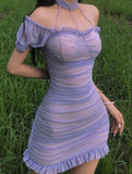 Purple Sheath Halter Tulle Open Back Homecoming Dress Party Dress HZ1023