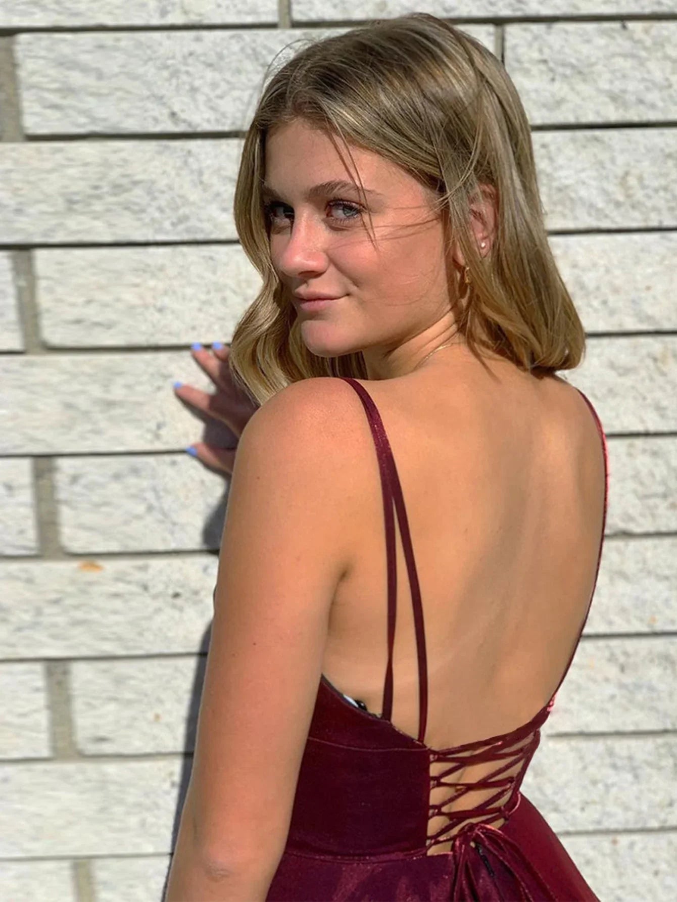 A Line Spaghetti Strap Burgundy Satin Long Prom Dress With Slit HZ1023