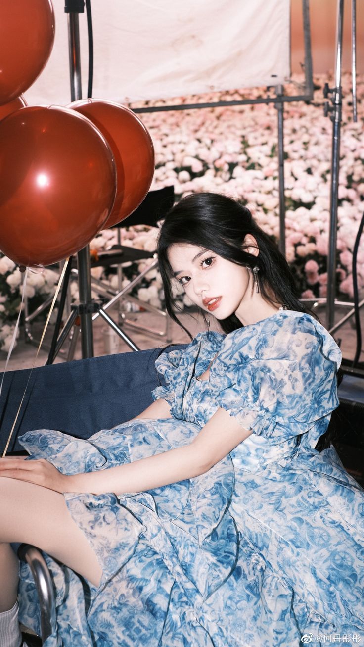 Romantic A Line Puff Sleeve Print Flower Blue Chiffon Party Dress Evening Dress with Slit HZ1023