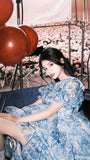Romantic A Line Puff Sleeve Print Flower Blue Chiffon Party Dress Evening Dress with Slit HZ1023