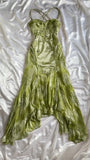 Gold Vintage Floral Satin Applique Spaghetti Straps Chiffon Prom Dresses Party Dresses HZ1023
