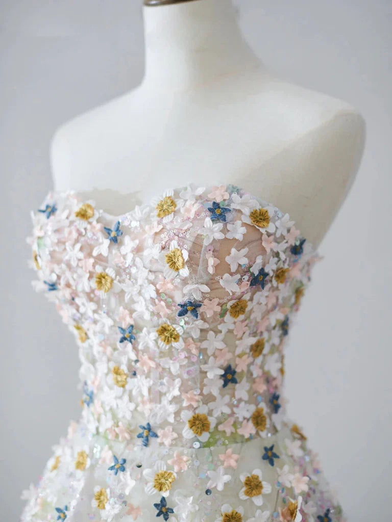 A Line Sweetheart Neck Tulle Lace Flower Long Prom Dress Formal Dress HZ1023
