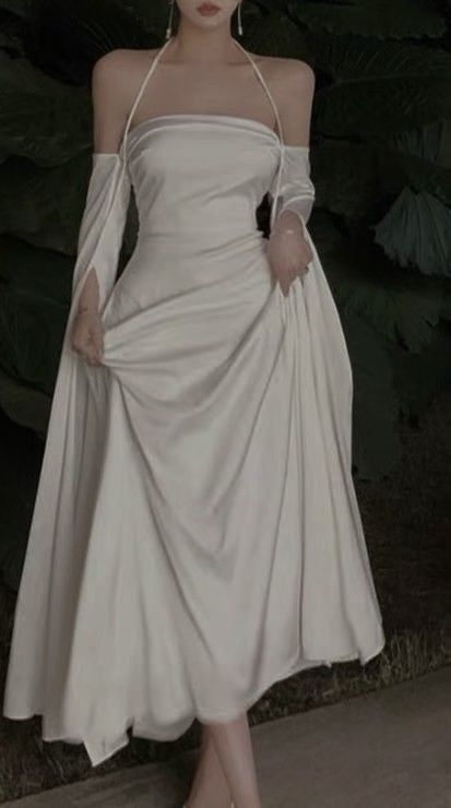 White Simple Clean A Line Halter Long Sleeve Satin Long Prom Dress Evening Dress HZ1023