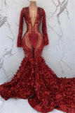 Black Girl Prom Dresses Sexy Deep V-neck Appliques Prom Dress | Feather Long Sleeve Mermaid Evening Gowns HZ1023