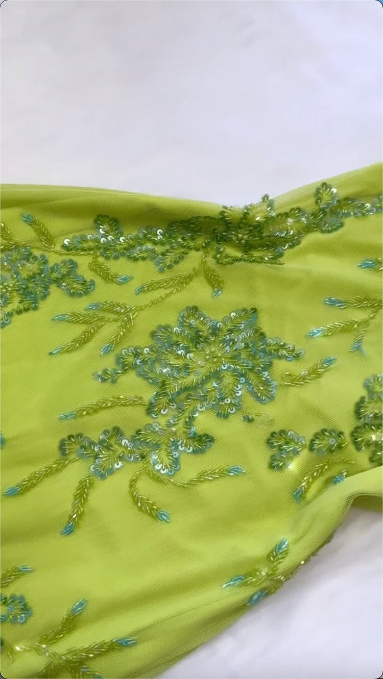 Shiny A Line Spaghetti Strap Sequin Beaded Green Chiffon Open Back Party Dress Evening Dress HZ1023