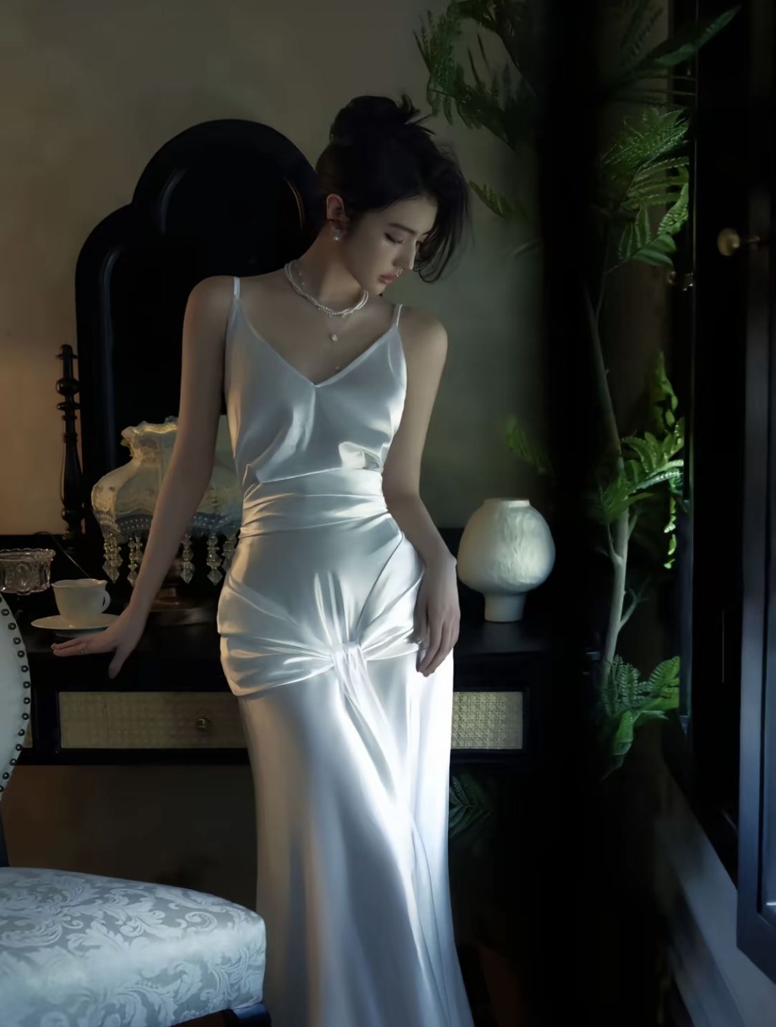 Simple White Mermaid Spaghetti Strap Satin Open Back Prom Dress Party Dress HZ1023