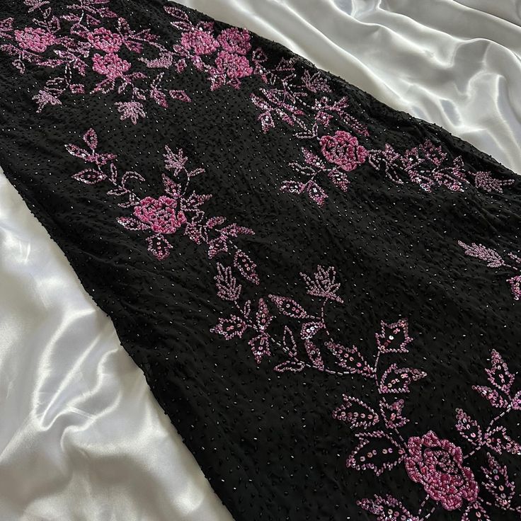Black Retro Elegant Pink Beaded Chiffon Prom Dress Evening Dress Birthday Party Dress HZ1023