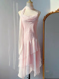 Gentle Pink Print Floral A Line Spaghetti Strap Ruffle Chiffon Party Dress Homecoming Dress HZ1023