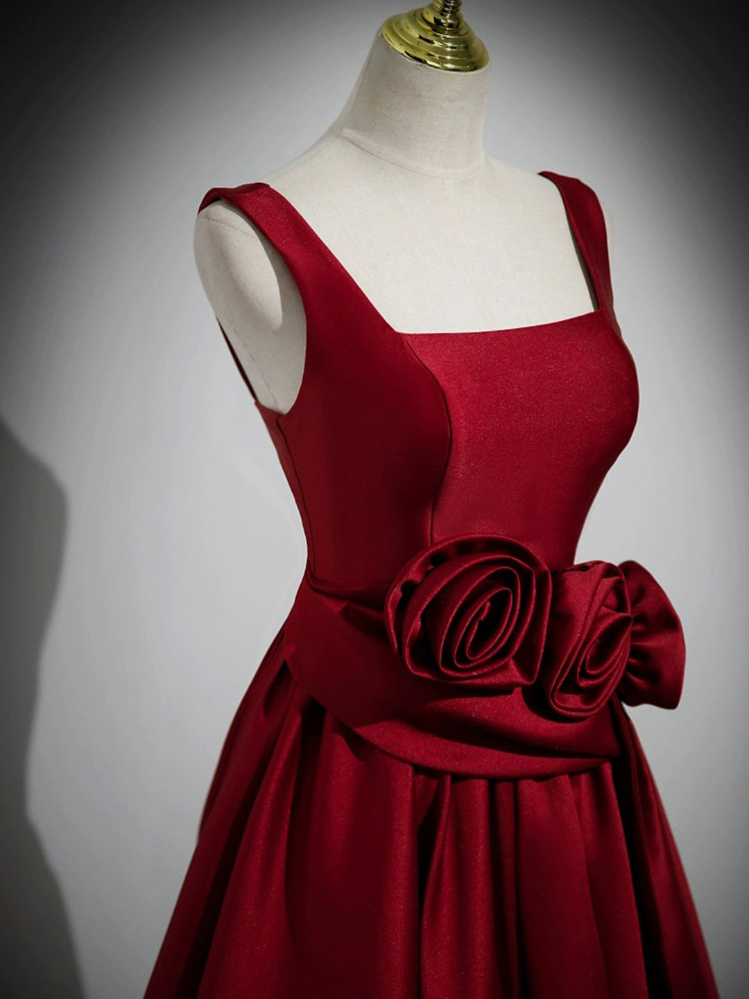 A Line Straps Burgundy Satin Long Prom Dress with Flower HZ1023
