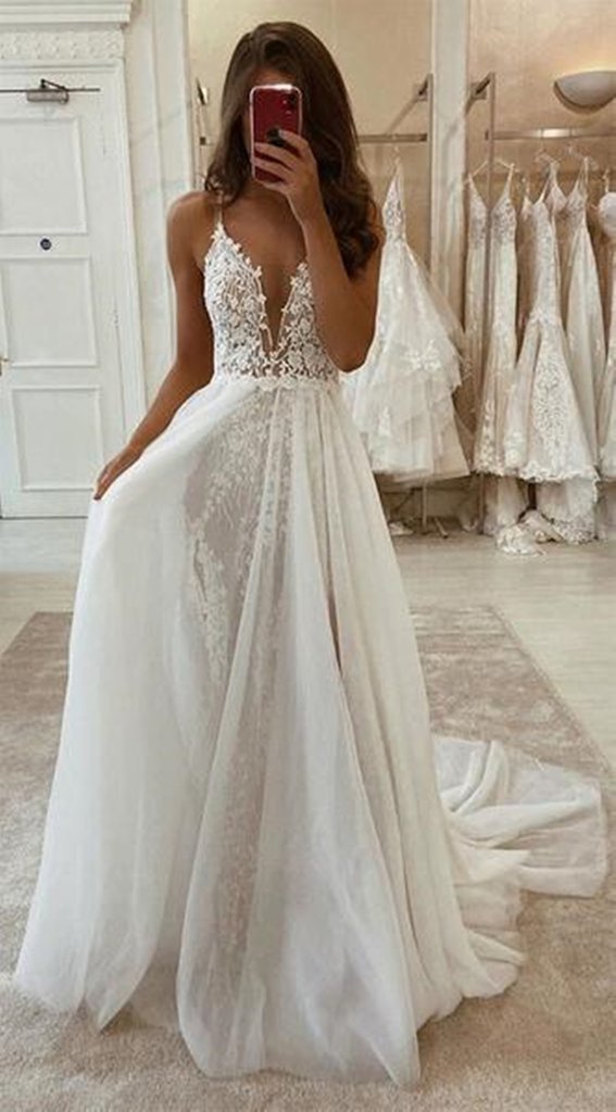 A Line V Neck Ivory Lace Long Prom Wedding Dress with High Slit, Ivory Lace Formal Dress, White Evening Dress HZ1023