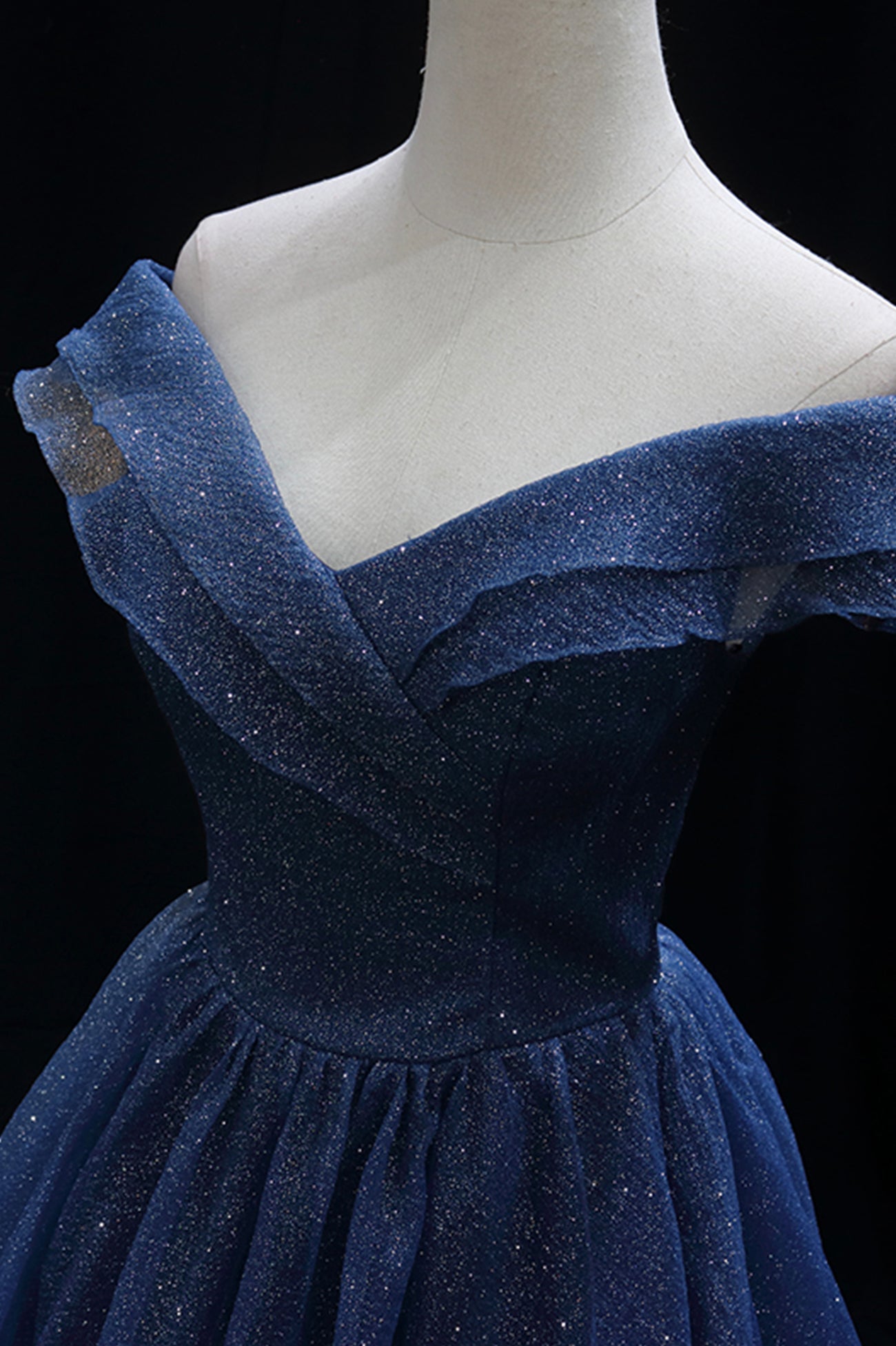 A Line Off the Shoulder Navy Blue Tulle Long Prom Dress Evening Dress HZ1023