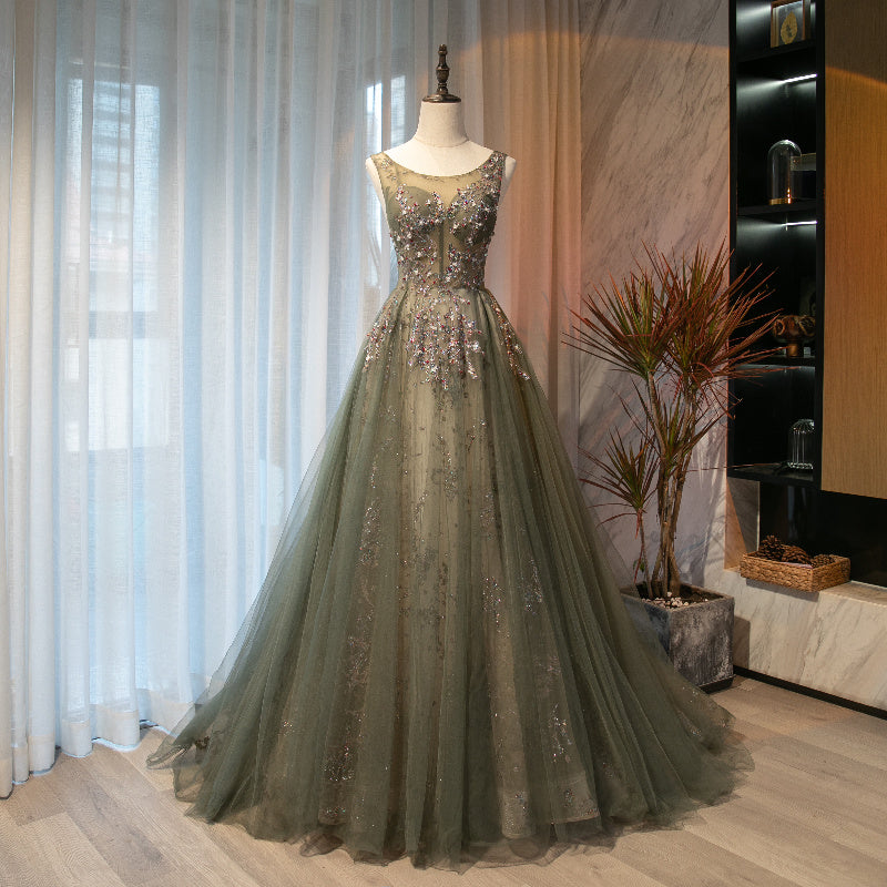 A Line Round Neck Sequins Tulle Long Prom Dress Evening Dress HZ1023