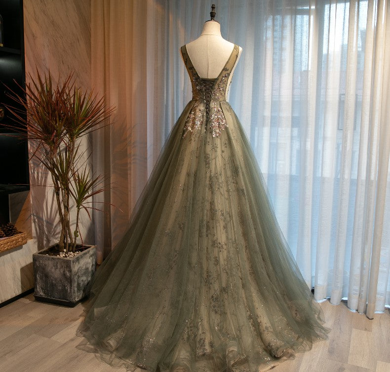 A Line Round Neck Sequins Tulle Long Prom Dress Evening Dress HZ1023