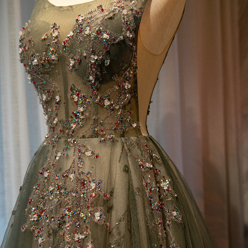 A Line Round Neck Sequins Tulle Long Prom Dress Evening Dress HZ1023