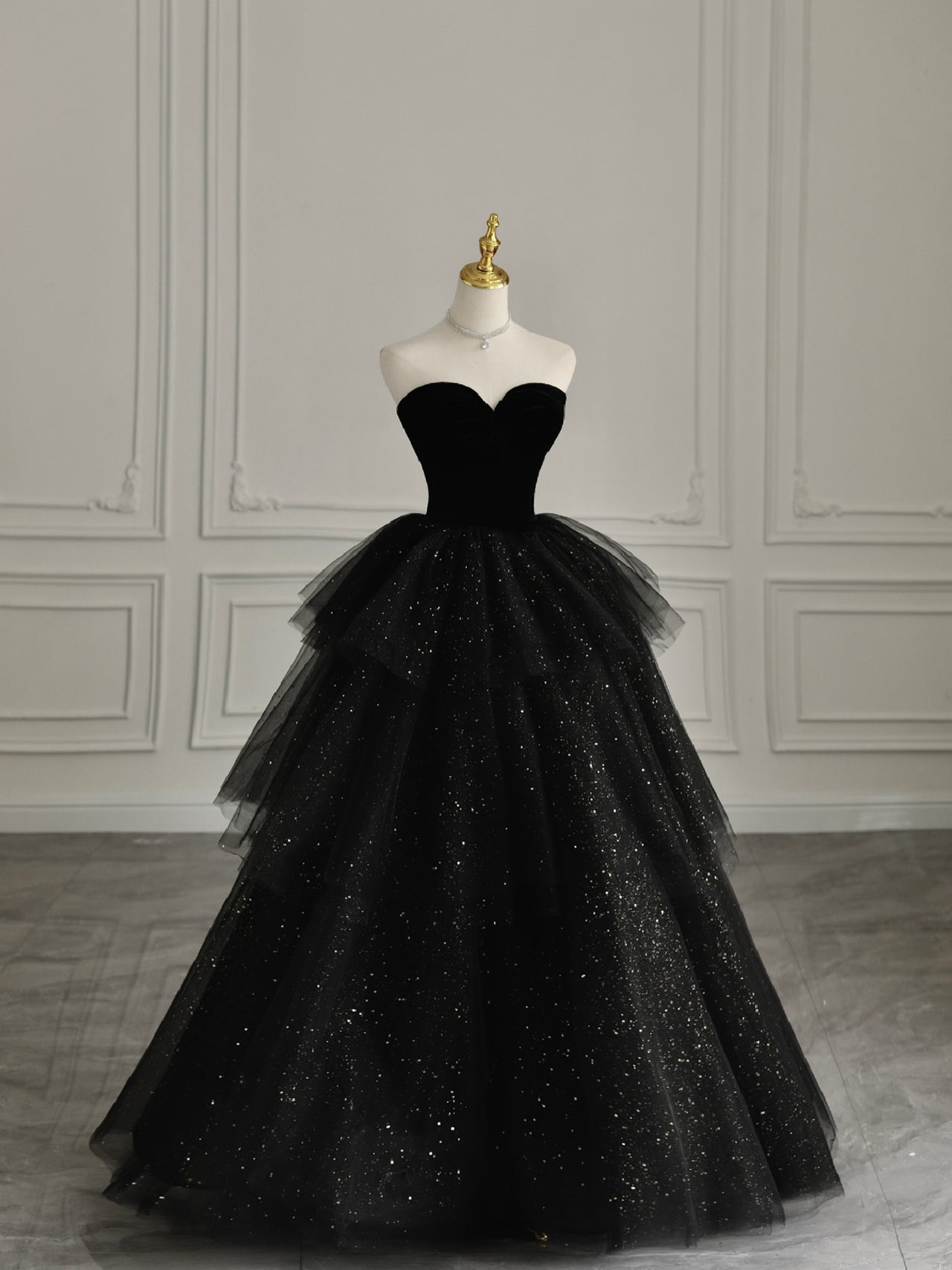 Black Strapless Layered Velvet Tulle Long Prom Dress Evening Dress HZ1023