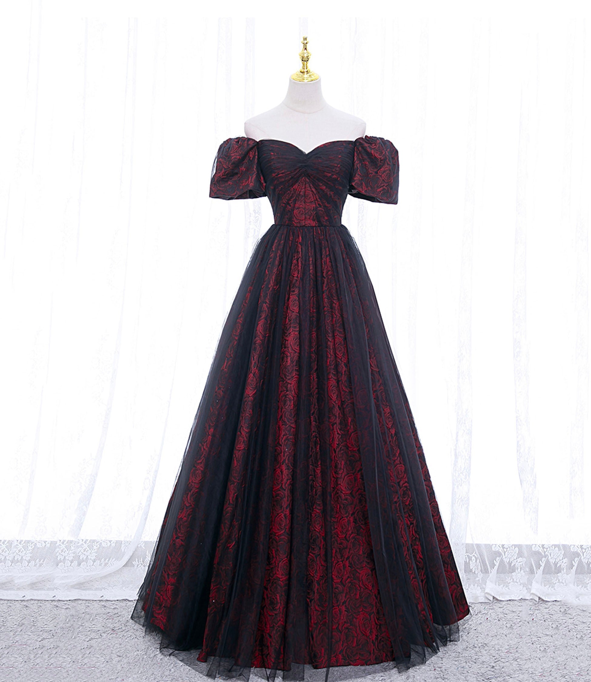 A-line Black Tulle Long Prom Dress Evening Dress HZ1023
