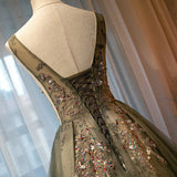 A Line Round Neck Sequins Tulle Long Prom Dress Evening Dress HZ1023