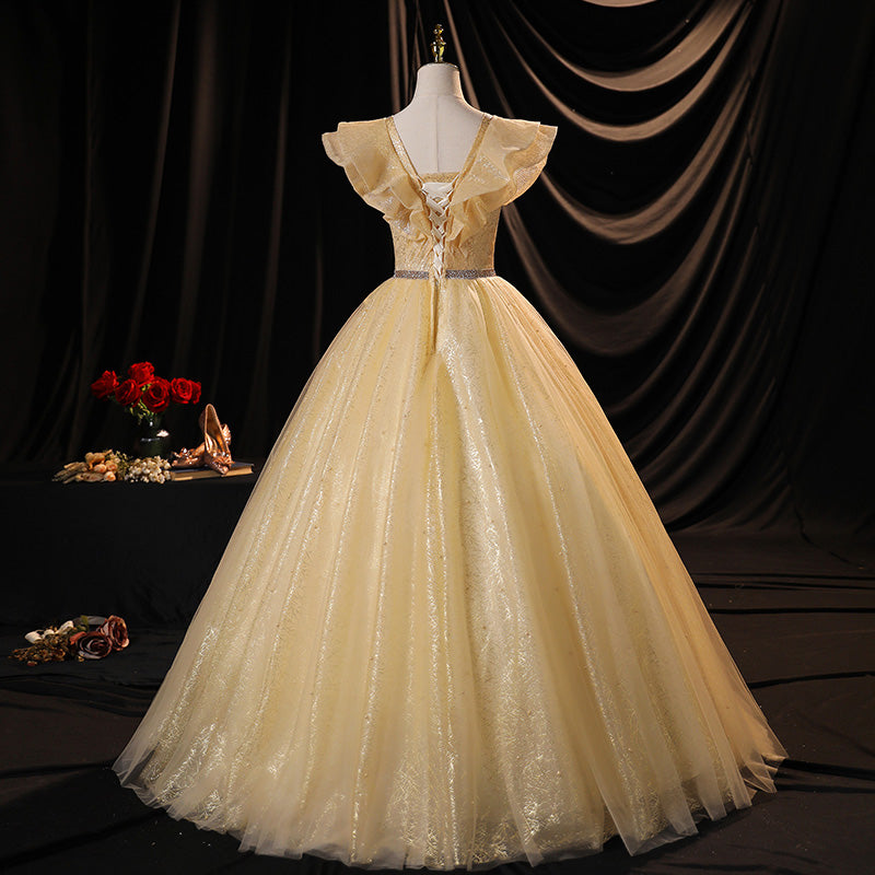 Yellow A Line V Neck Appliques Beaded Tulle Long Prom Dress Evening Dress HZ1023