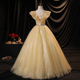 Yellow A Line V Neck Appliques Beaded Tulle Long Prom Dress Evening Dress HZ1023