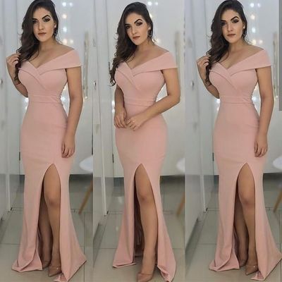Off-Shoulder Satin Mermaid Long prom Dresses with Front Slit HZ1023