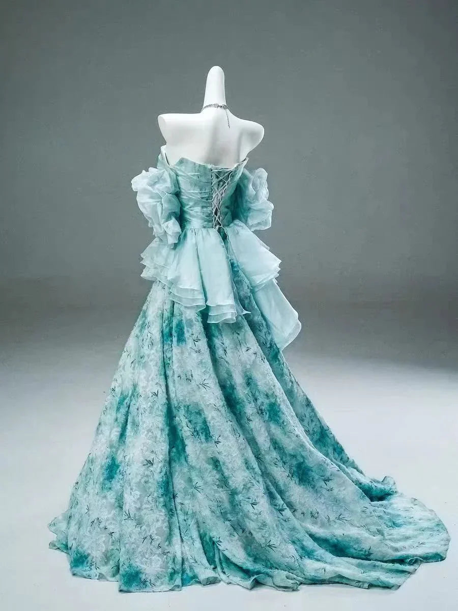 Blue Floral A Line Off the Shoulder Satin Long Prom Dress Evening Dress HZ1023