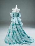 Blue Floral A Line Off the Shoulder Satin Long Prom Dress Evening Dress HZ1023