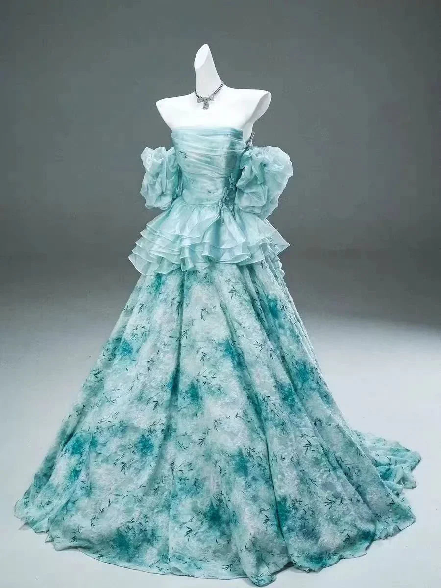 Blue Floral A Line Off the Shoulder Satin Long Prom Dress Evening Dress HZ1023