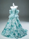 Blue Floral A Line Off the Shoulder Satin Long Prom Dress Evening Dress HZ1023