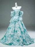 Blue Floral A Line Off the Shoulder Satin Long Prom Dress Evening Dress HZ1023