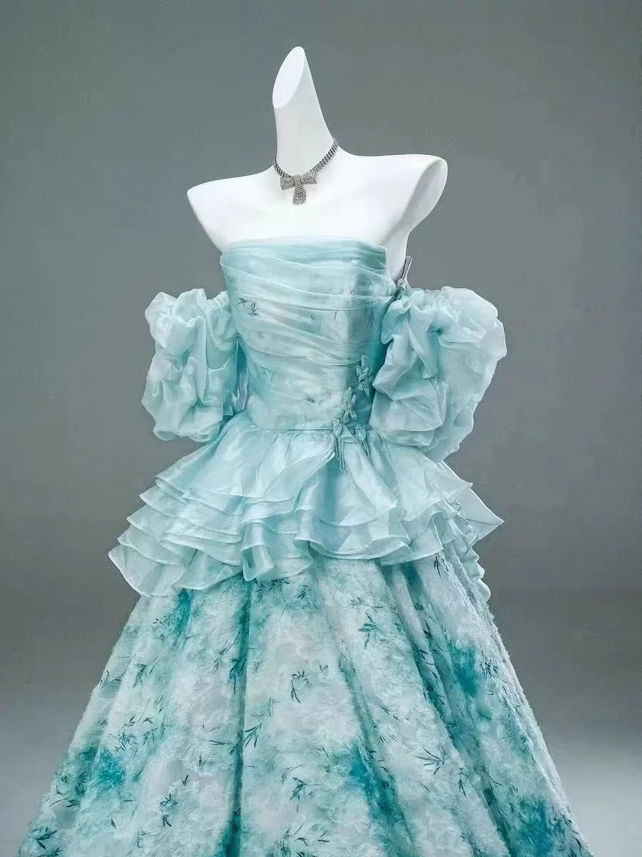 Blue Floral A Line Off the Shoulder Satin Long Prom Dress Evening Dress HZ1023