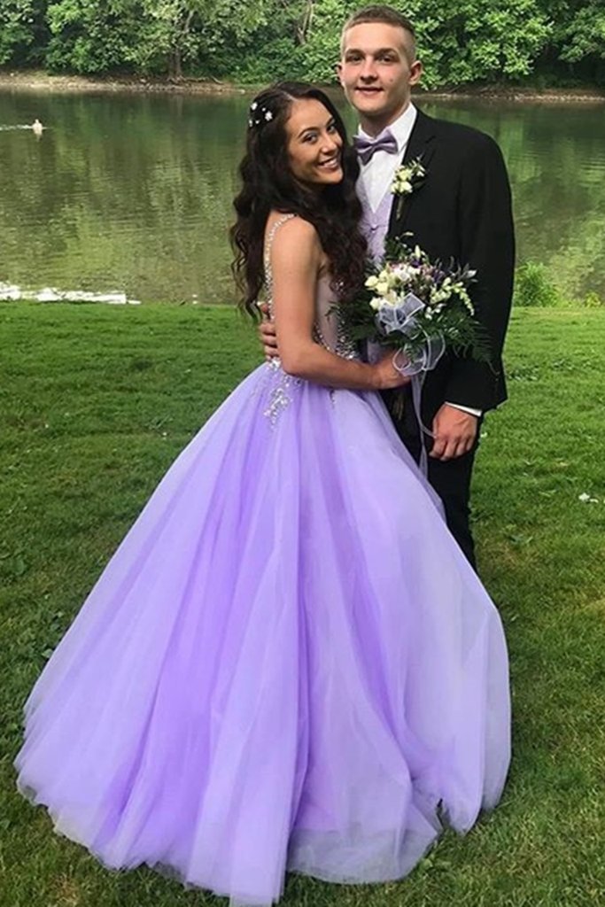 A-Line V-Neck Sweep Train Beaded Prom Dress HZ1023