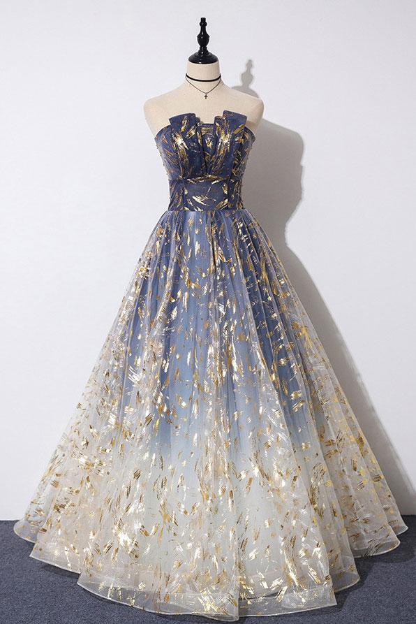 Unique A Line Strapless Ombre Long Prom Dress Stunning Party Dresses HZ1023