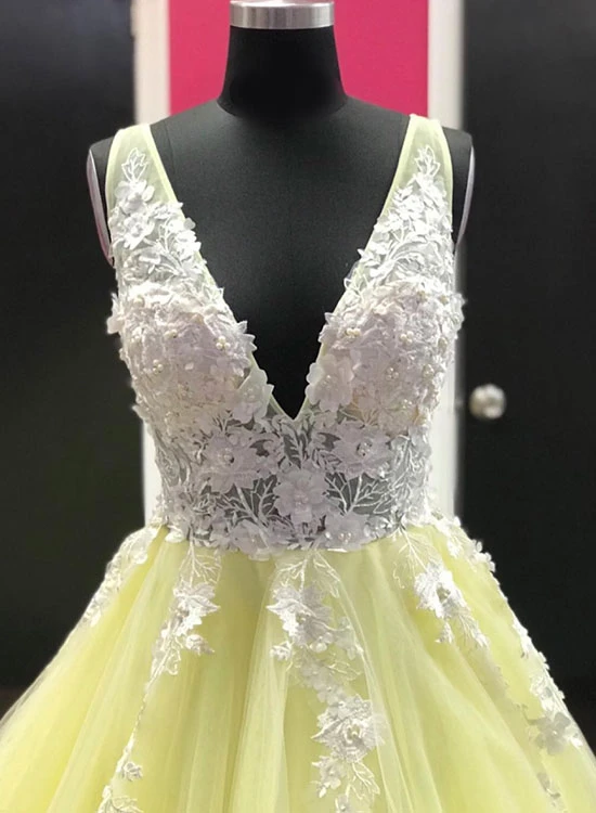 Yellow v neck tulle lace long prom dress, evening dress HZ1023