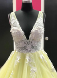 Yellow v neck tulle lace long prom dress, evening dress HZ1023