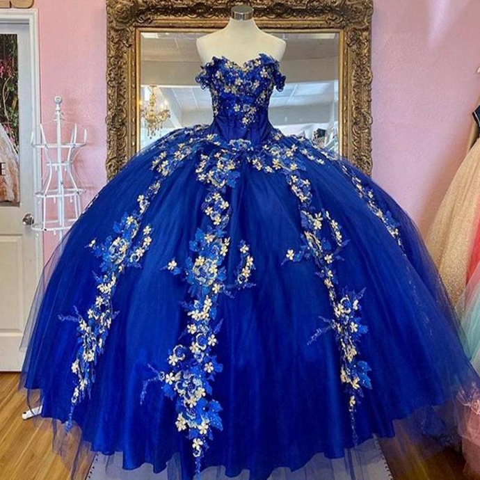 Royal Blue Ball Gown Quinceanera Dresses Off the Shoulder Beaded 3D FLowers Sweet 16 Dress Girls Party Gowns vestidos de quincea?era HZ1023