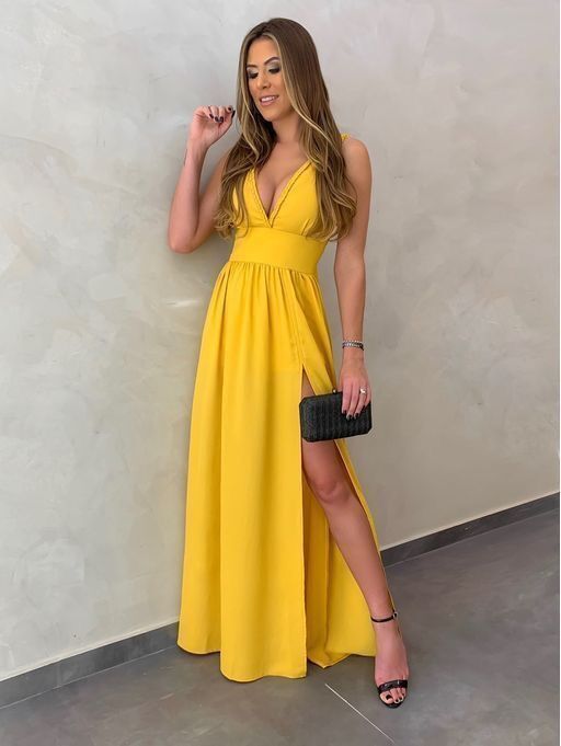 Yellow V neck Evening Dresses, Long Prom Gown, A Line Prom Dresses with Slit HZ1023