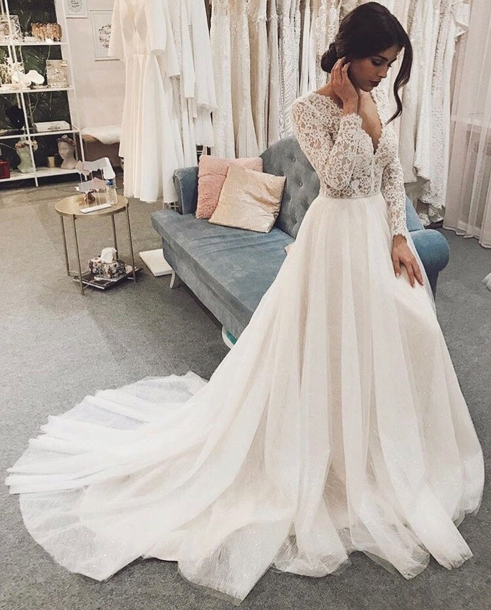 R0125,light white long sleeves women dresses v-neck applique full length fashion dresses party dresses tulle lace wedding HZ1023