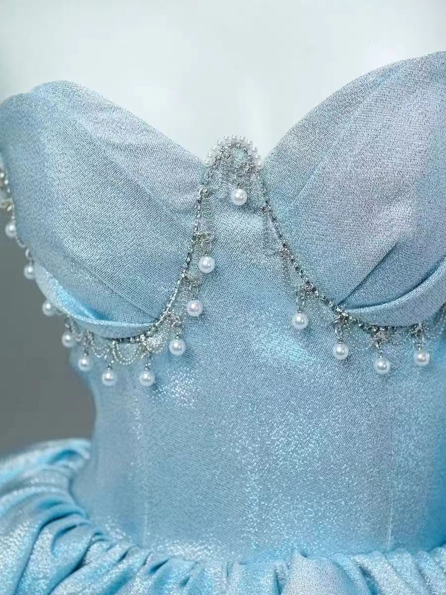 Blue A Line Sweetheart Neck Pearls Layered Satin Long Prom Dress Evening Dress HZ1023