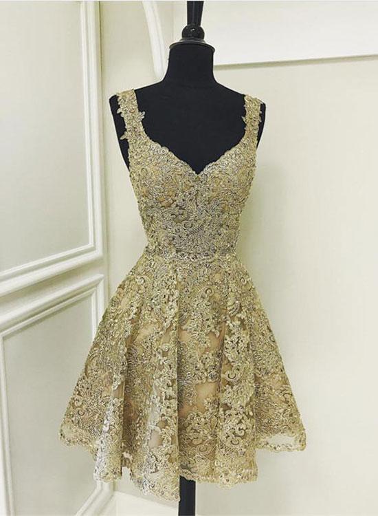 Cute gold lace v neck short prom dress, homecoming dress HZ1023