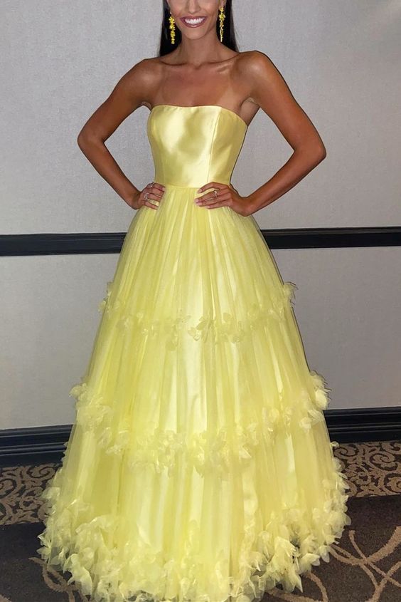 Yellow Long Formal Dress 2025 Strapless Yellow A-line prom dress HZ1023