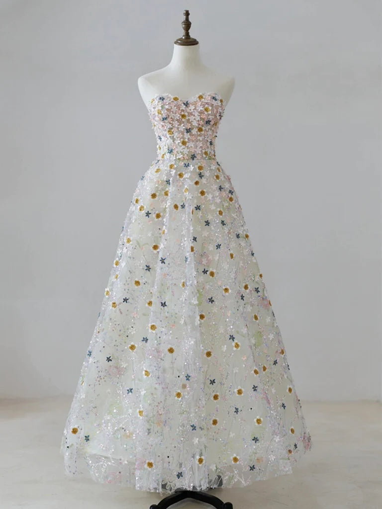 Beautiful A Line Sweetheart Tulle Lace Flower Long Prom Dresses HZ1023