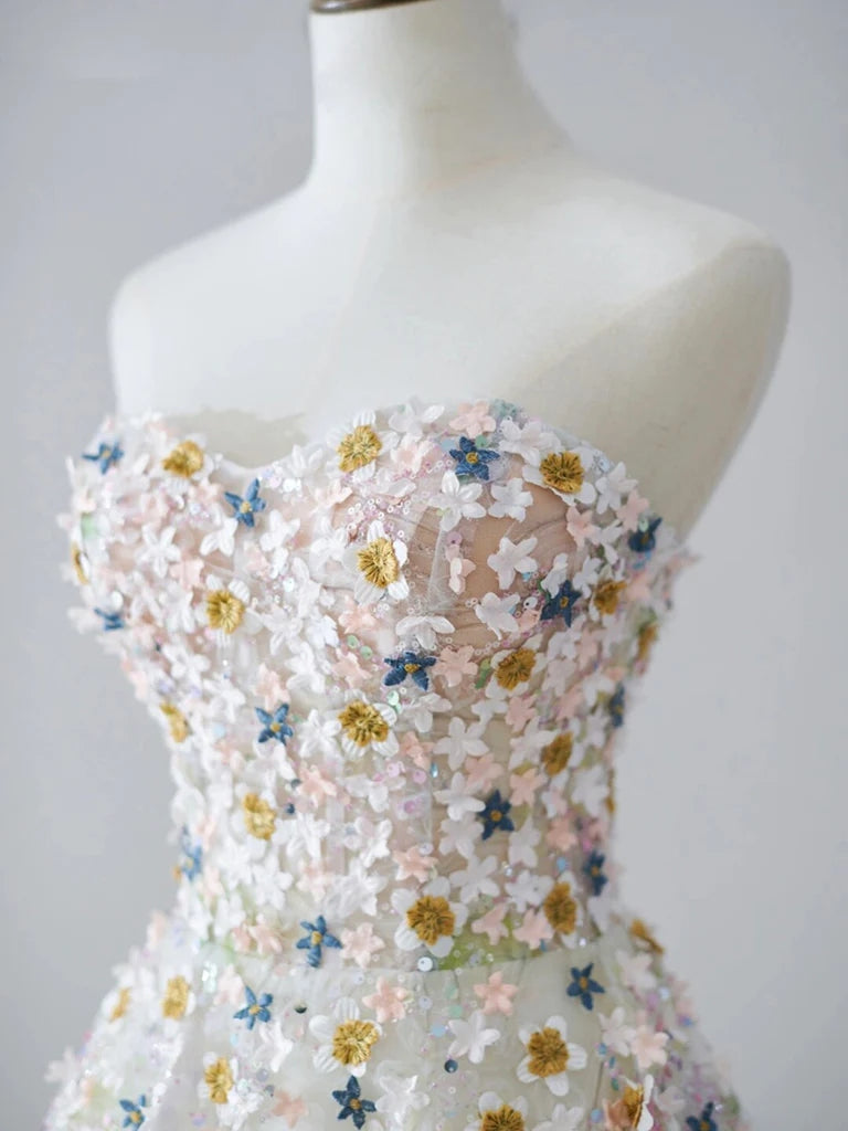 Beautiful A Line Sweetheart Tulle Lace Flower Long Prom Dresses HZ1023
