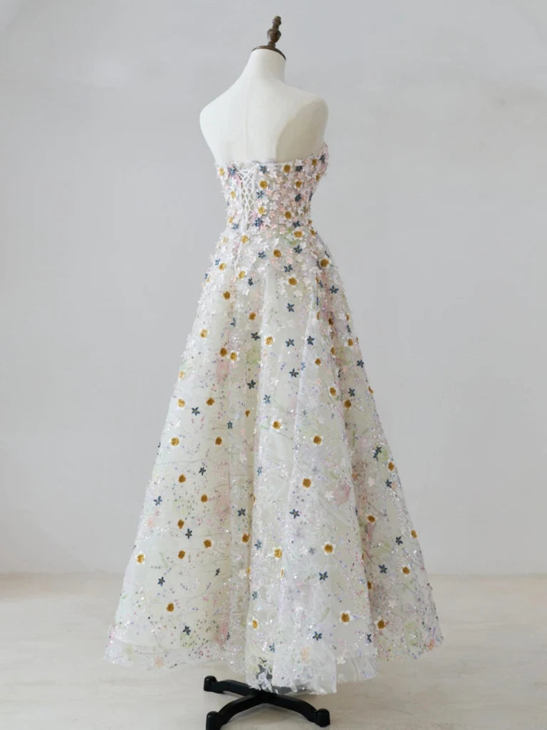 Beautiful A Line Sweetheart Tulle Lace Flower Long Prom Dresses HZ1023